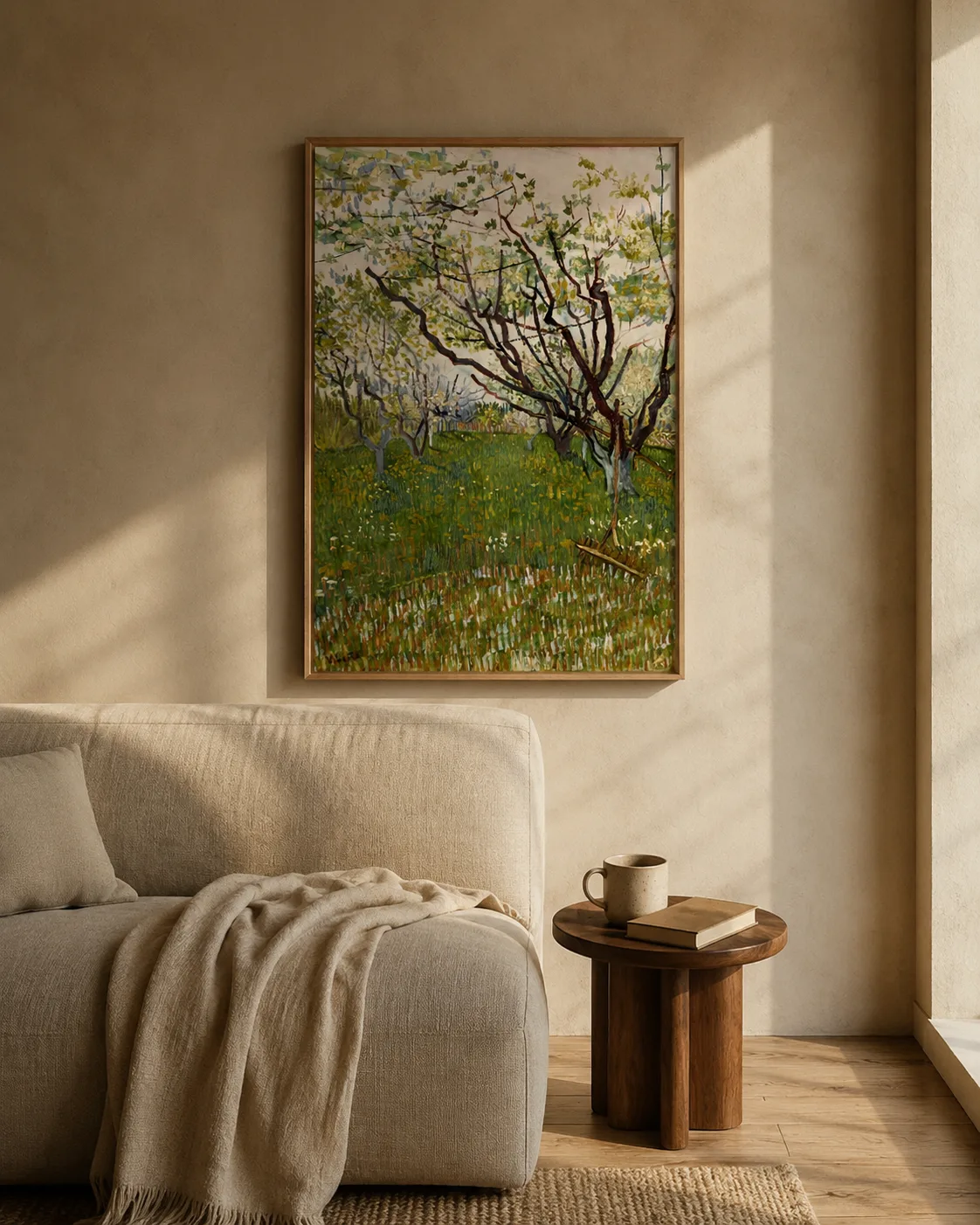 A framed Van Gogh blossom print above a natural linen sofa in soft afternoon light